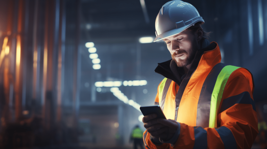 antoinediaz_An_extreme_wide_shot_movie_still_danish_site_foreman looking at his phone in a construction site