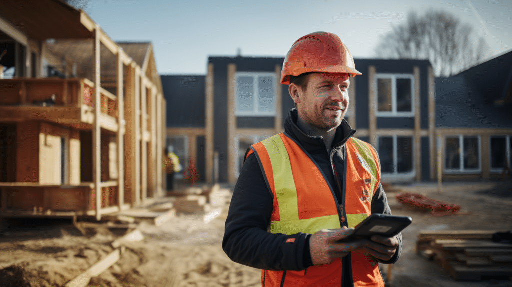 Dutch_angle_shot_of_a_project_manager_with_a_cellphone in his hand, in a construction site, using bim technology